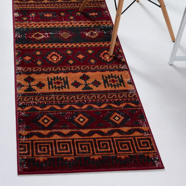 Runner Rugs for Long Hallway Aztec Tribal Rugs Multicoloured Low Pile Soft Rugs